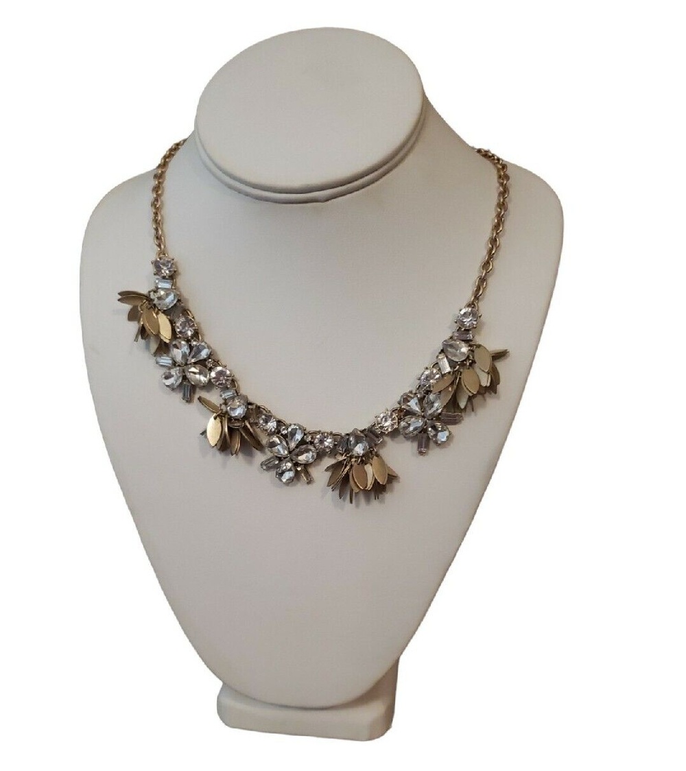 J. Crew Gold Tone Statement Necklace Rhinestone Flower Cluster Dangle Cha Cha